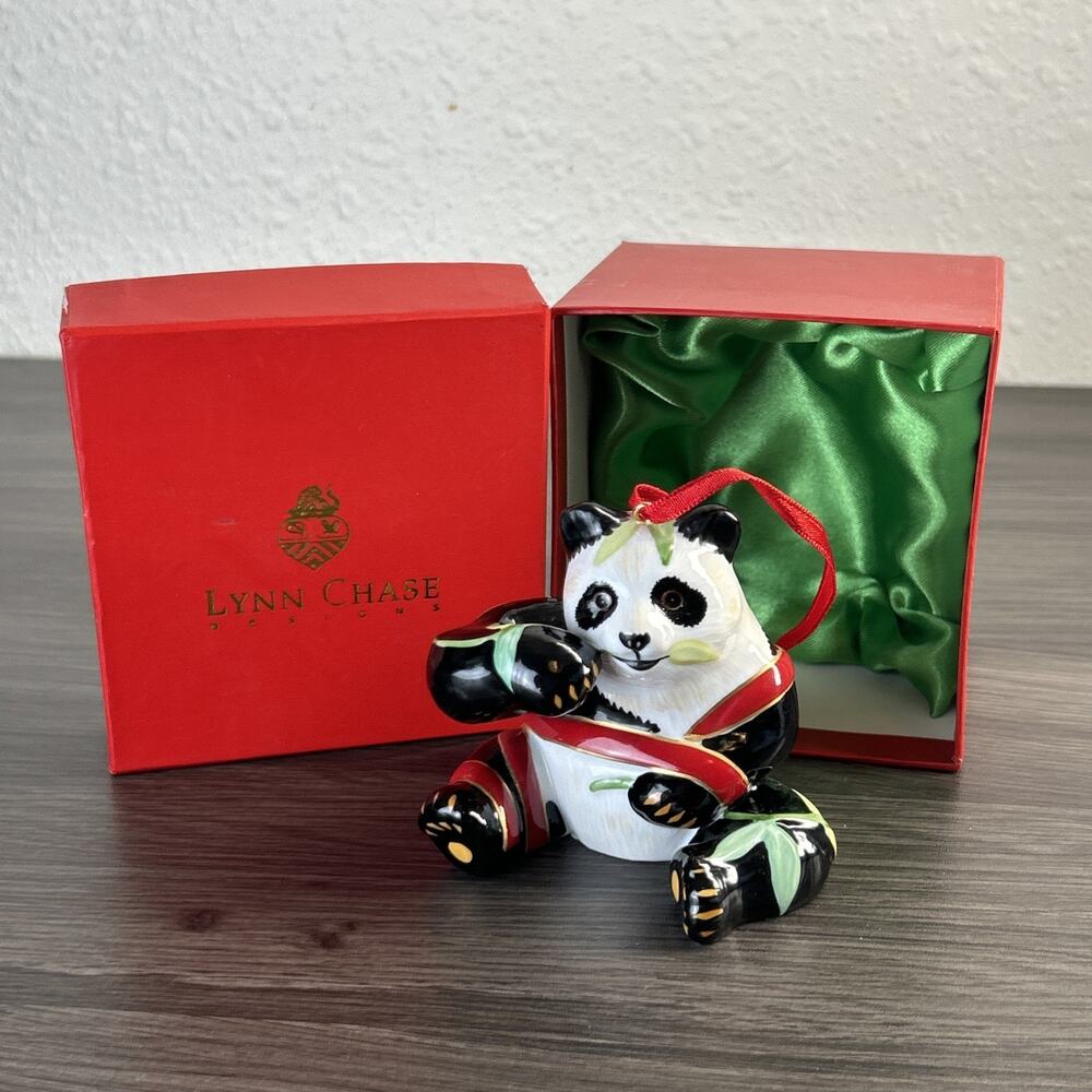 Panda Ornament Lynn Chase Vintage 2003 Designs Bamboo Porcelain w/ Box